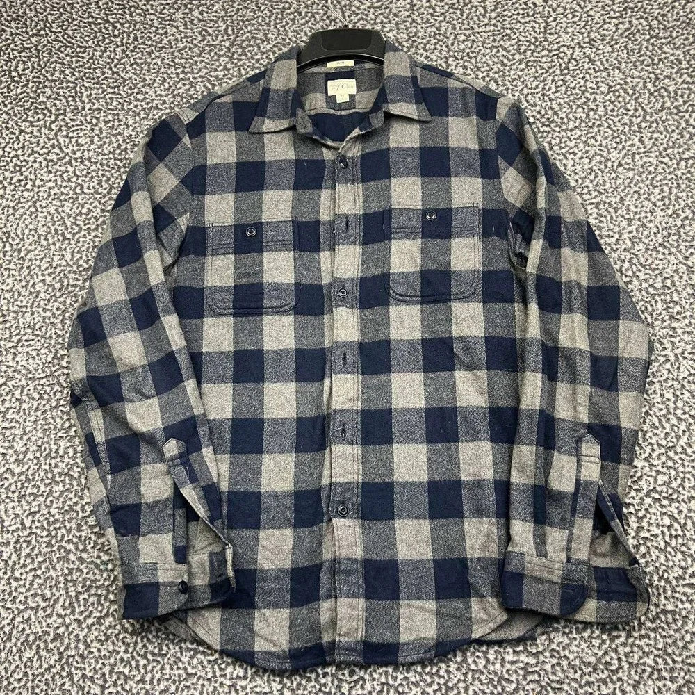 J. Crew Button Up Shirt Men Medium Blue Gray Slim Fit Buffalo Check Flannel M